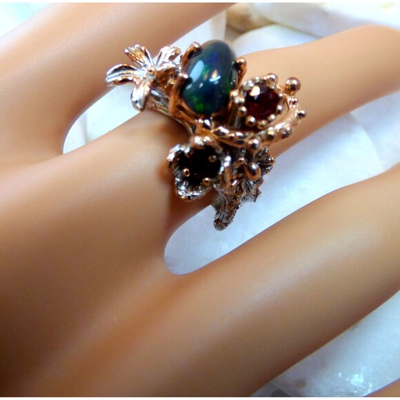 AAA 5ct Australian Black Opal-Hessonite Garnet Sterling Silver Ring Sz 8 - Picture 6 of 8